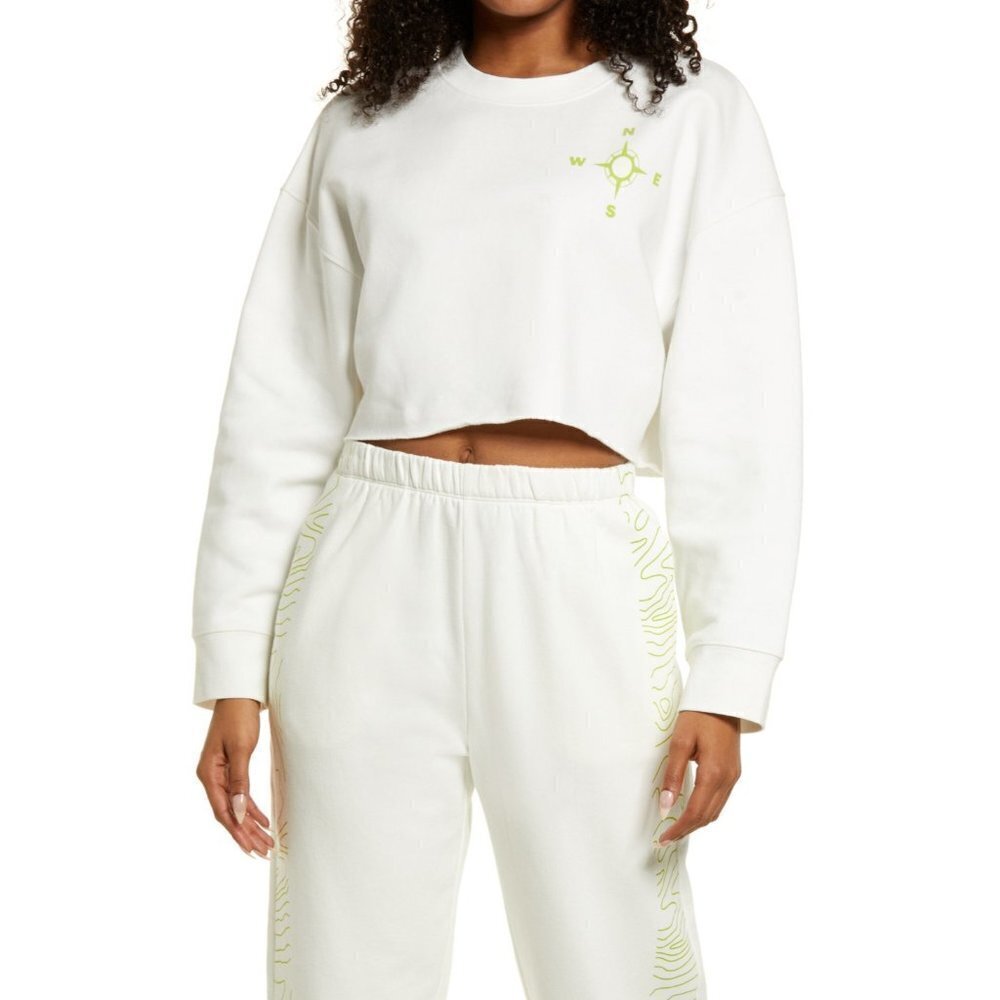 BP Womens Size Small Crop Organic Cotton Sweatshirt in Ivory- Green Topo Graphic
